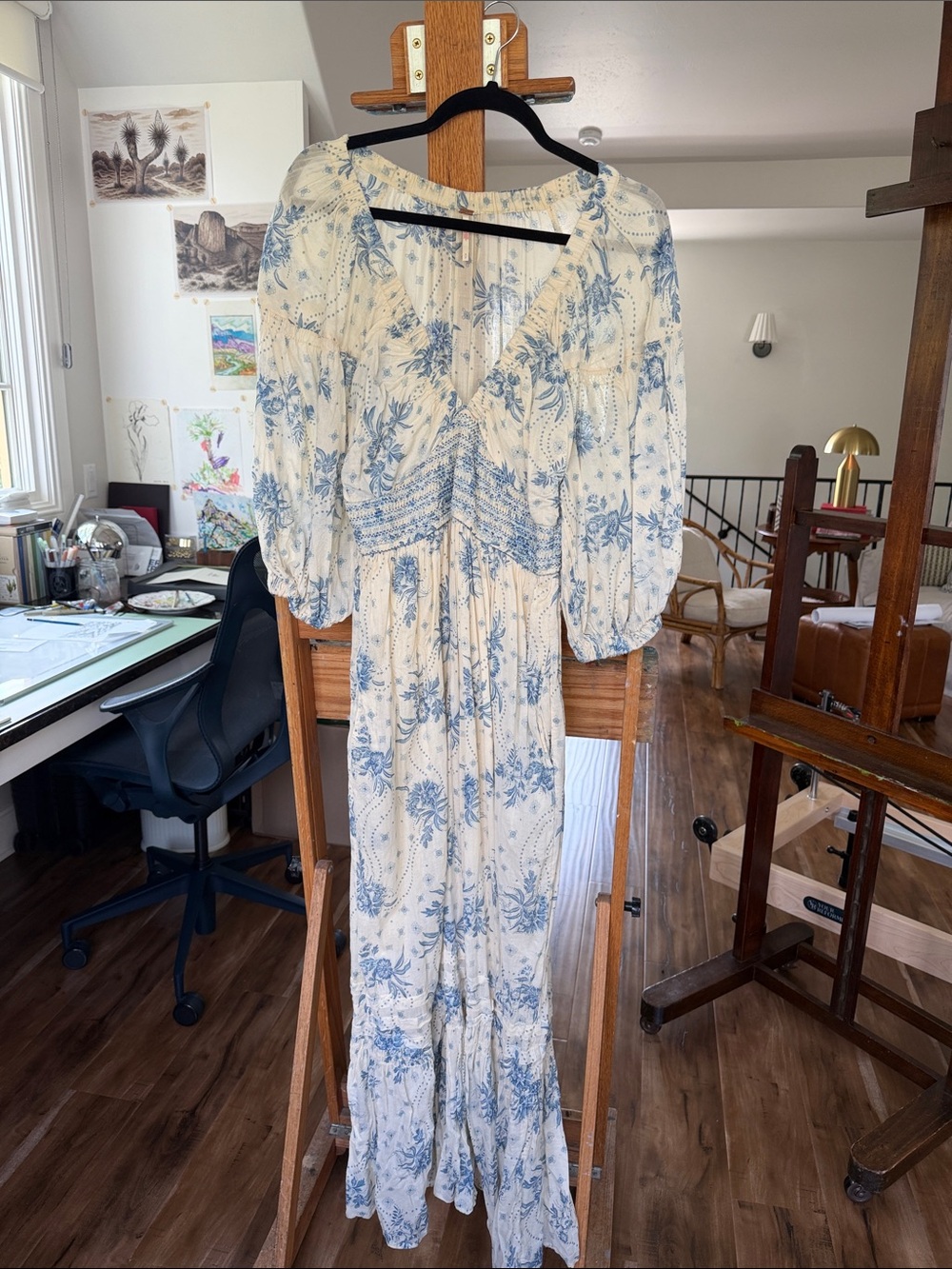 Women's Cream and Blue Floral Maxi Dress - Boho Vibe